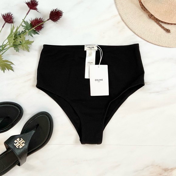 🆕 CELINE Ribbed Cheeky Bikini Swim Bottom Women Large Black - Picture 1 of 9